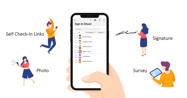OneTap check-in app with time tracking, location, signature, photo, survey check-ins